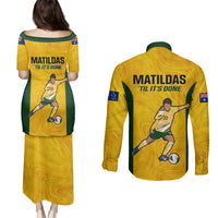 Australia Soccer Couples Matching Puletasi Dress and Long Sleeve Button Shirts Sam Kerr Matildas Proud 2023 World Cup Yellow - Wonder Print Shop