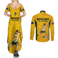 Australia Soccer Couples Matching Summer Maxi Dress and Long Sleeve Button Shirts Sam Kerr Matildas Proud 2023 World Cup Yellow - Wonder Print Shop