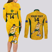Custom Australia Soccer Couples Matching Long Sleeve Bodycon Dress and Long Sleeve Button Shirts Sam Kerr Matildas Proud 2023 World Cup Yellow - Wonder Print Shop