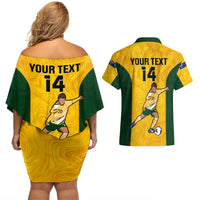 Custom Australia Soccer Couples Matching Off Shoulder Short Dress and Hawaiian Shirt Sam Kerr Matildas Proud 2023 World Cup Yellow - Wonder Print Shop