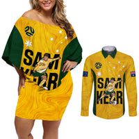 Custom Australia Soccer Couples Matching Off Shoulder Short Dress and Long Sleeve Button Shirts Sam Kerr Matildas Proud 2023 World Cup Yellow - Wonder Print Shop