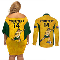 Custom Australia Soccer Couples Matching Off Shoulder Short Dress and Long Sleeve Button Shirts Sam Kerr Matildas Proud 2023 World Cup Yellow - Wonder Print Shop