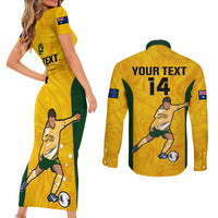 Custom Australia Soccer Couples Matching Short Sleeve Bodycon Dress and Long Sleeve Button Shirts Sam Kerr Matildas Proud 2023 World Cup Yellow - Wonder Print Shop