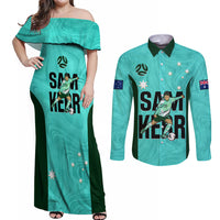 Australia Soccer Couples Matching Off Shoulder Maxi Dress and Long Sleeve Button Shirts Sam Kerr Matildas Proud 2023 World Cup Turquoise - Wonder Print Shop