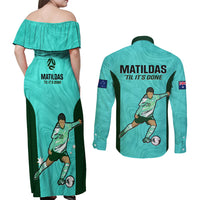 Australia Soccer Couples Matching Off Shoulder Maxi Dress and Long Sleeve Button Shirts Sam Kerr Matildas Proud 2023 World Cup Turquoise - Wonder Print Shop