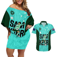 Australia Soccer Couples Matching Off Shoulder Short Dress and Hawaiian Shirt Sam Kerr Matildas Proud 2023 World Cup Turquoise - Wonder Print Shop