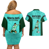 Australia Soccer Couples Matching Off Shoulder Short Dress and Hawaiian Shirt Sam Kerr Matildas Proud 2023 World Cup Turquoise - Wonder Print Shop