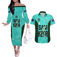 Australia Soccer Couples Matching Off The Shoulder Long Sleeve Dress and Hawaiian Shirt Sam Kerr Matildas Proud 2023 World Cup Turquoise - Wonder Print Shop