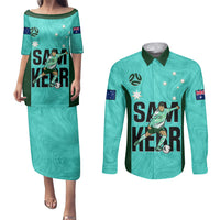 Australia Soccer Couples Matching Puletasi Dress and Long Sleeve Button Shirts Sam Kerr Matildas Proud 2023 World Cup Turquoise - Wonder Print Shop