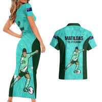 Australia Soccer Couples Matching Short Sleeve Bodycon Dress and Hawaiian Shirt Sam Kerr Matildas Proud 2023 World Cup Turquoise - Wonder Print Shop