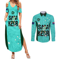 Australia Soccer Couples Matching Summer Maxi Dress and Long Sleeve Button Shirts Sam Kerr Matildas Proud 2023 World Cup Turquoise - Wonder Print Shop