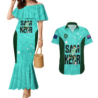 Custom Australia Soccer Couples Matching Mermaid Dress and Hawaiian Shirt Sam Kerr Matildas Proud 2023 World Cup Turquoise - Wonder Print Shop