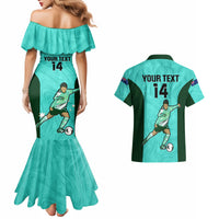 Custom Australia Soccer Couples Matching Mermaid Dress and Hawaiian Shirt Sam Kerr Matildas Proud 2023 World Cup Turquoise - Wonder Print Shop