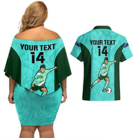 Custom Australia Soccer Couples Matching Off Shoulder Short Dress and Hawaiian Shirt Sam Kerr Matildas Proud 2023 World Cup Turquoise - Wonder Print Shop