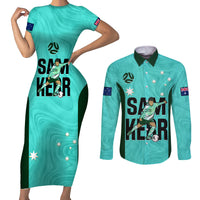 Custom Australia Soccer Couples Matching Short Sleeve Bodycon Dress and Long Sleeve Button Shirts Sam Kerr Matildas Proud 2023 World Cup Turquoise - Wonder Print Shop