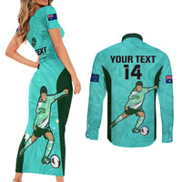 Custom Australia Soccer Couples Matching Short Sleeve Bodycon Dress and Long Sleeve Button Shirts Sam Kerr Matildas Proud 2023 World Cup Turquoise - Wonder Print Shop
