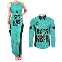 Custom Australia Soccer Couples Matching Tank Maxi Dress and Long Sleeve Button Shirts Sam Kerr Matildas Proud 2023 World Cup Turquoise - Wonder Print Shop