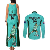 Custom Australia Soccer Couples Matching Tank Maxi Dress and Long Sleeve Button Shirts Sam Kerr Matildas Proud 2023 World Cup Turquoise - Wonder Print Shop