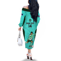 Custom Australia Soccer Off The Shoulder Long Sleeve Dress Sam Kerr Matildas Proud 2023 World Cup Turquoise - Wonder Print Shop
