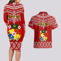 Tonga Rugby Couples Matching Long Sleeve Bodycon Dress and Hawaiian Shirt 2023 World Cup Tongan Kupesi Ngatu Pattern - Wonder Print Shop