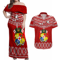 Tonga Rugby Couples Matching Off Shoulder Maxi Dress and Hawaiian Shirt 2023 World Cup Tongan Kupesi Ngatu Pattern - Wonder Print Shop