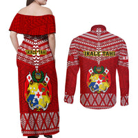 Tonga Rugby Couples Matching Off Shoulder Maxi Dress and Long Sleeve Button Shirts 2023 World Cup Tongan Kupesi Ngatu Pattern - Wonder Print Shop
