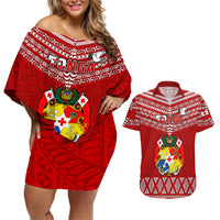 Tonga Rugby Couples Matching Off Shoulder Short Dress and Hawaiian Shirt 2023 World Cup Tongan Kupesi Ngatu Pattern - Wonder Print Shop