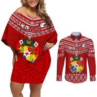 Tonga Rugby Couples Matching Off Shoulder Short Dress and Long Sleeve Button Shirts 2023 World Cup Tongan Kupesi Ngatu Pattern - Wonder Print Shop