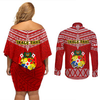 Tonga Rugby Couples Matching Off Shoulder Short Dress and Long Sleeve Button Shirts 2023 World Cup Tongan Kupesi Ngatu Pattern - Wonder Print Shop