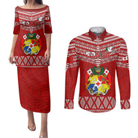Tonga Rugby Couples Matching Puletasi Dress and Long Sleeve Button Shirts 2023 World Cup Tongan Kupesi Ngatu Pattern - Wonder Print Shop