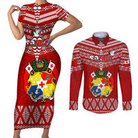 Tonga Rugby Couples Matching Short Sleeve Bodycon Dress and Long Sleeve Button Shirts 2023 World Cup Tongan Kupesi Ngatu Pattern - Wonder Print Shop