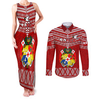 Tonga Rugby Couples Matching Tank Maxi Dress and Long Sleeve Button Shirts 2023 World Cup Tongan Kupesi Ngatu Pattern - Wonder Print Shop