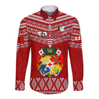 Tonga Rugby Long Sleeve Button Shirt 2023 World Cup Tongan Kupesi Ngatu Pattern - Wonder Print Shop