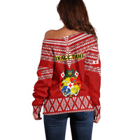 Tonga Rugby Off Shoulder Sweater 2023 World Cup Tongan Kupesi Ngatu Pattern - Wonder Print Shop