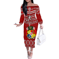 Tonga Rugby Off The Shoulder Long Sleeve Dress 2023 World Cup Tongan Kupesi Ngatu Pattern - Wonder Print Shop