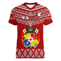 Tonga Rugby Women V Neck T Shirt 2023 World Cup Tongan Kupesi Ngatu Pattern - Wonder Print Shop