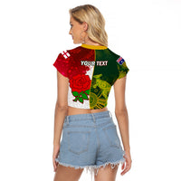 Personalised Australia And England Rugby Raglan Cropped T Shirt Indigenous Wallabies With Red Roses Sporty Version - Wonder Print Shop