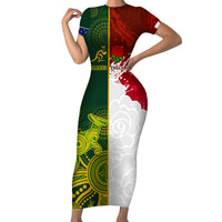 Personalised Australia And England Rugby Short Sleeve Bodycon Dress Indigenous Wallabies With Red Roses Sporty Version - Wonder Print Shop
