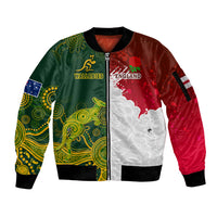 Personalised Australia And England Rugby Sleeve Zip Bomber Jacket Indigenous Wallabies With Red Roses Sporty Version - Wonder Print Shop