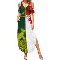 Personalised Australia And England Rugby Summer Maxi Dress Indigenous Wallabies With Red Roses Sporty Version - Wonder Print Shop