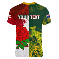 Personalised Australia And England Rugby Women V Neck T Shirt Indigenous Wallabies With Red Roses Sporty Version - Wonder Print Shop