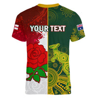 Personalised Australia And England Rugby Women V Neck T Shirt Indigenous Wallabies With Red Roses Sporty Version - Wonder Print Shop