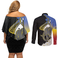 Eswatini Independence Day Couples Matching Off Shoulder Short Dress and Long Sleeve Button Shirt Swaziland Nguni Shield African Pattern - Wonder Print Shop