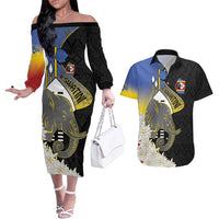 Eswatini Independence Day Couples Matching Off The Shoulder Long Sleeve Dress and Hawaiian Shirt Swaziland Nguni Shield African Pattern - Wonder Print Shop
