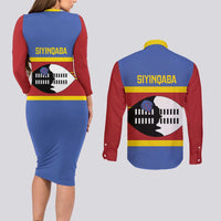 Swaziland Couples Matching Long Sleeve Bodycon Dress and Long Sleeve Button Shirt Siyinqaba Eswatini Flag Style - Wonder Print Shop