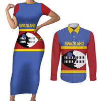 Swaziland Couples Matching Short Sleeve Bodycon Dress and Long Sleeve Button Shirt Siyinqaba Eswatini Flag Style - Wonder Print Shop