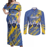 Eswatini Football Custom Couples Matching Off Shoulder Maxi Dress and Long Sleeve Button Shirt Sihlangu Semnikati Blue - Wonder Print Shop