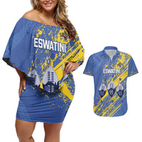 Eswatini Football Custom Couples Matching Off Shoulder Short Dress and Hawaiian Shirt Sihlangu Semnikati Blue - Wonder Print Shop