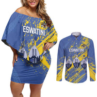Eswatini Football Custom Couples Matching Off Shoulder Short Dress and Long Sleeve Button Shirt Sihlangu Semnikati Blue - Wonder Print Shop