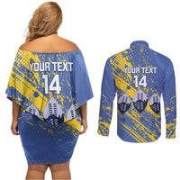 Eswatini Football Custom Couples Matching Off Shoulder Short Dress and Long Sleeve Button Shirt Sihlangu Semnikati Blue - Wonder Print Shop